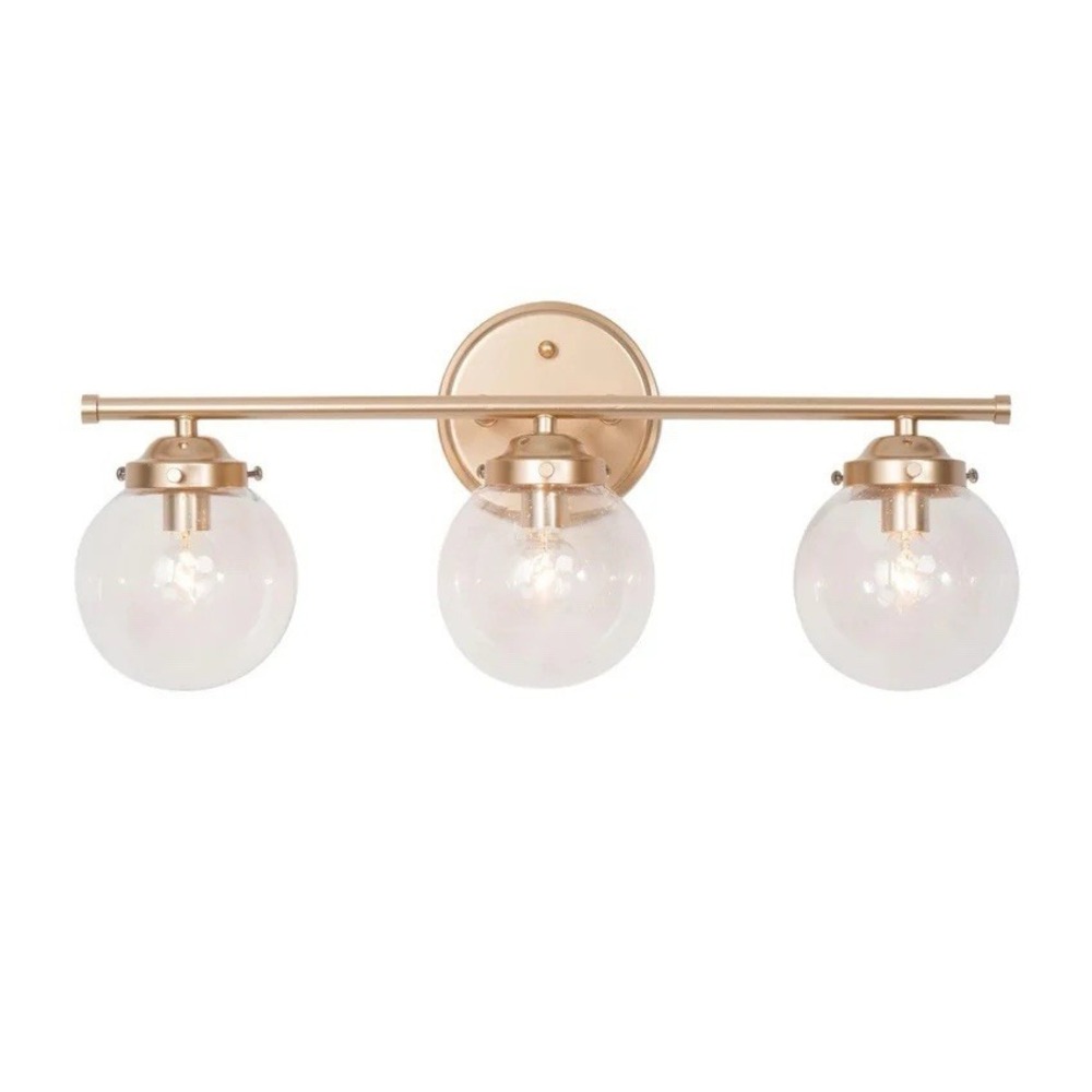 LNC 3-Light Satin Gold Globe Vanity Light, Seeded Glass, Industrial Rivets